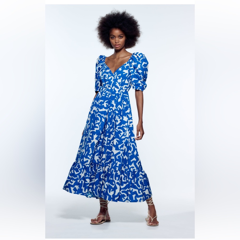Zara Blue And White Printed Poplin Maxi Dress